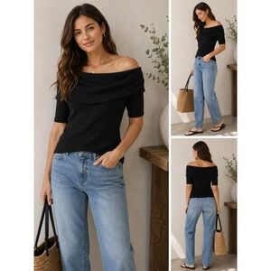 Vince Rayon Cashmere Blend Knit Top L Black Off Shoulder Ribbed VA00376576